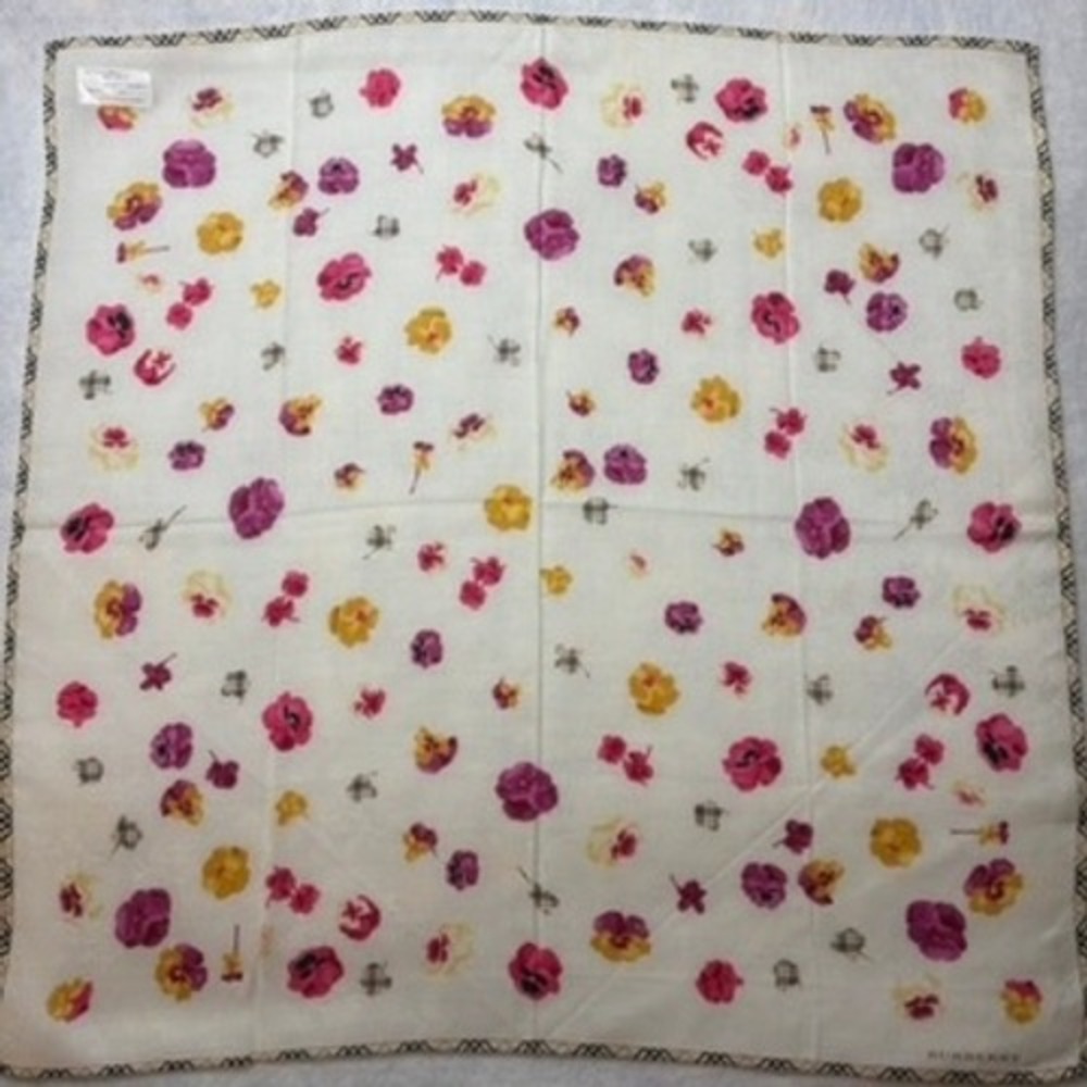 Vtg BURBERRY Scarf Handkerchief Pansy Floral Cotton White Pink 19x19